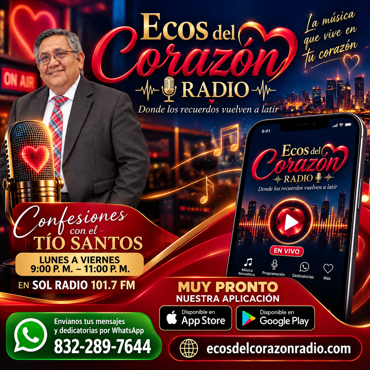 Ecos del Corazón Radio, próximamente. Promoción de Confesiones con el Tío Santos por Sol Radio 101.7 FM de 9 a 11 de la noche.